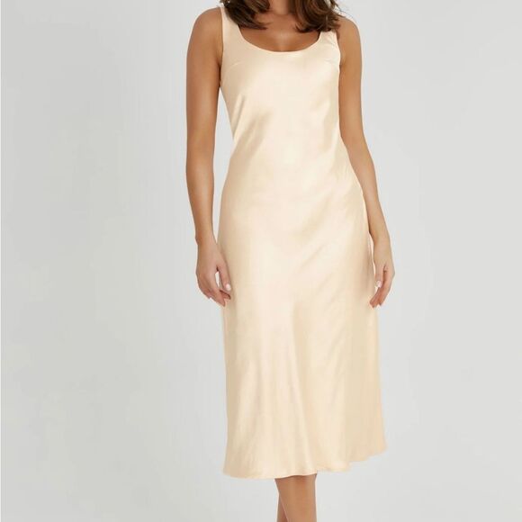 Meshki Tamara Satin Iridescent Slip Midi Dress - Apricot - Picture 2 of 5